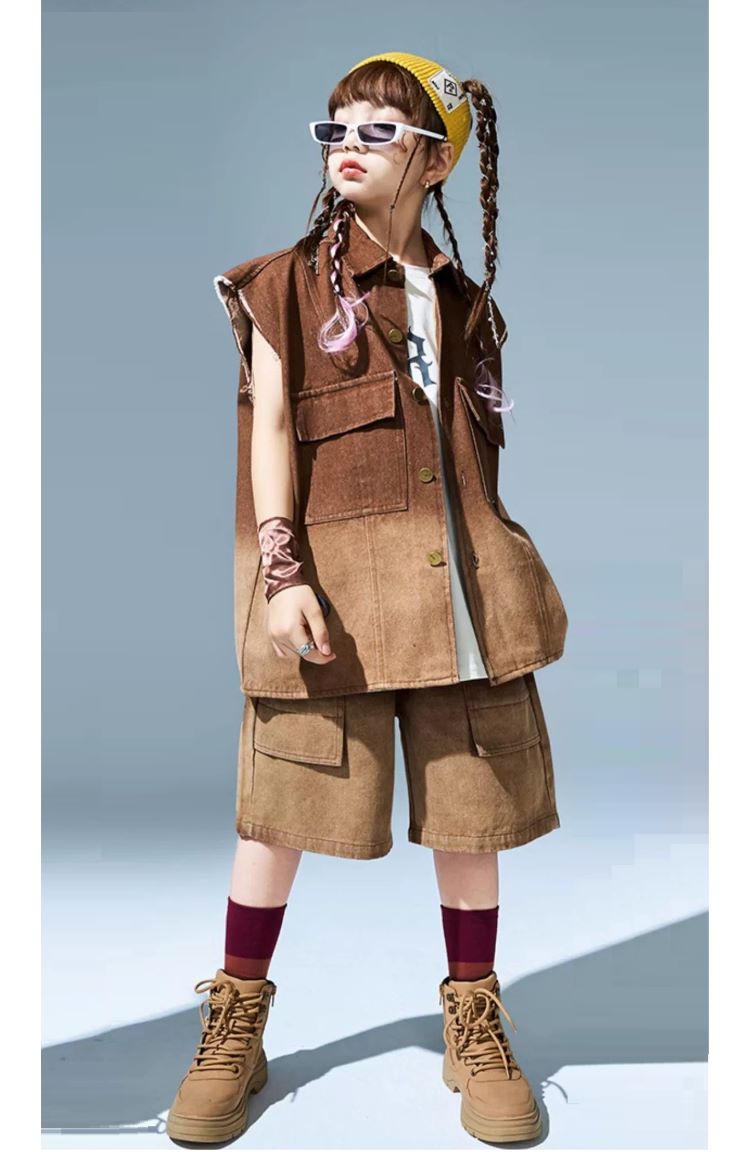 キッズダンス衣装 セットアップ ヒップホップ 衣装 子供ダンス服 ダンスウェア パンツ K-POP 茶色 ベスト グラデーション 韓国 