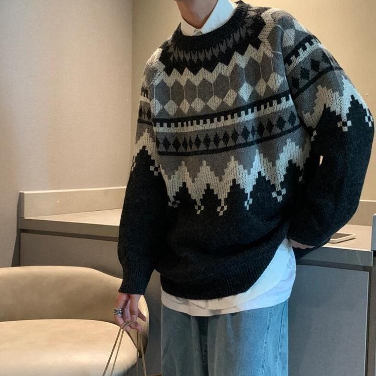 ニットセーター メンズ 長袖 クルーネックセーター ネイティブ柄 プルオーバー 防寒 オシャレカジュアルニットトップス 秋冬 カットソー 