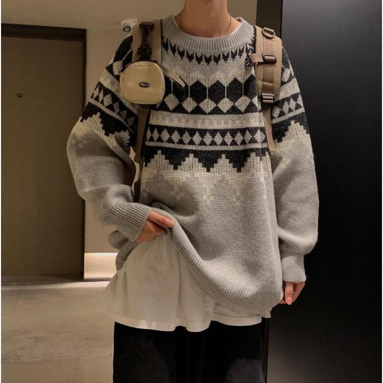 ニットセーター メンズ 長袖 クルーネックセーター ネイティブ柄 プルオーバー 防寒 オシャレカジュアルニットトップス 秋冬 カットソー 