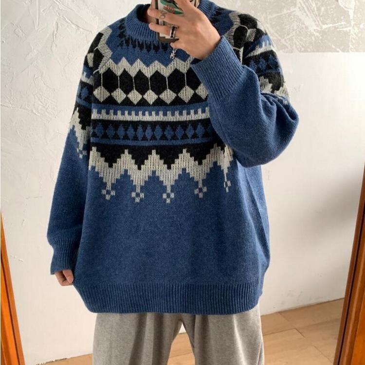 ニットセーター メンズ 長袖 クルーネックセーター ネイティブ柄 プルオーバー 防寒 オシャレカジュアルニットトップス 秋冬 カットソー 