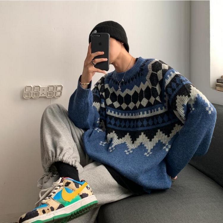 ニットセーター メンズ 長袖 クルーネックセーター ネイティブ柄 プルオーバー 防寒 オシャレカジュアルニットトップス 秋冬 カットソー 