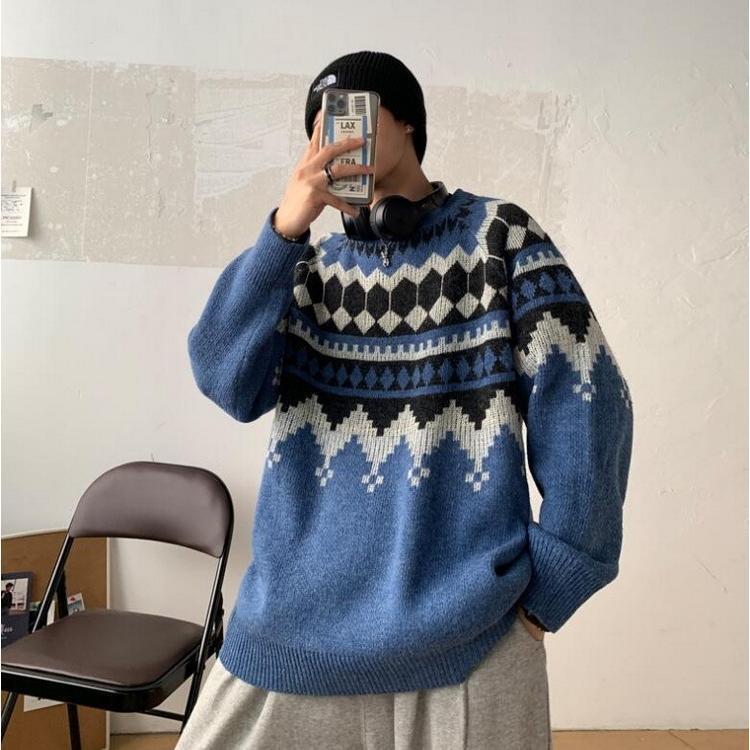 ニットセーター メンズ 長袖 クルーネックセーター ネイティブ柄 プルオーバー 防寒 オシャレカジュアルニットトップス 秋冬 カットソー 