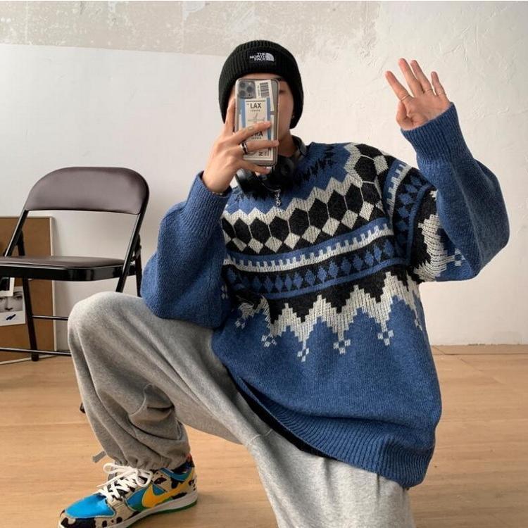 ニットセーター メンズ 長袖 クルーネックセーター ネイティブ柄 プルオーバー 防寒 オシャレカジュアルニットトップス 秋冬 カットソー 
