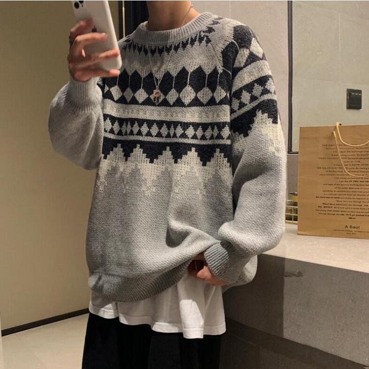 ニットセーター メンズ 長袖 クルーネックセーター ネイティブ柄 プルオーバー 防寒 オシャレカジュアルニットトップス 秋冬 カットソー 