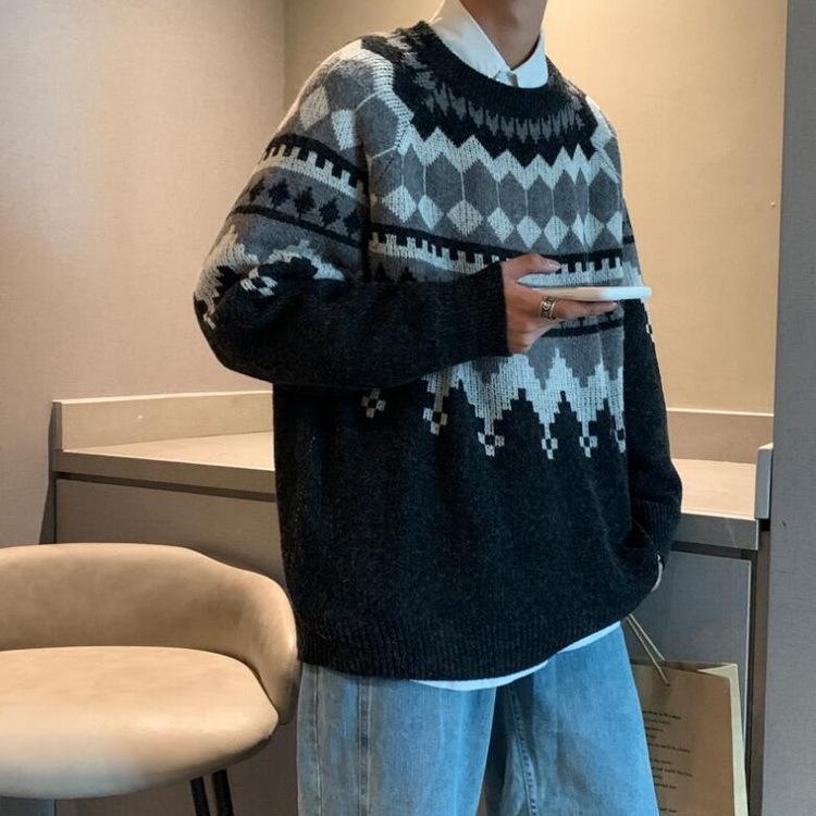 ニットセーター メンズ 長袖 クルーネックセーター ネイティブ柄 プルオーバー 防寒 オシャレカジュアルニットトップス 秋冬 カットソー 
