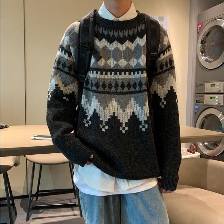 ニットセーター メンズ 長袖 クルーネックセーター ネイティブ柄 プルオーバー 防寒 オシャレカジュアルニットトップス 秋冬 カットソー 