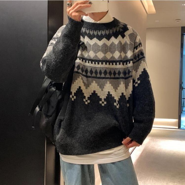 ニットセーター メンズ 長袖 クルーネックセーター ネイティブ柄 プルオーバー 防寒 オシャレカジュアルニットトップス 秋冬 カットソー 