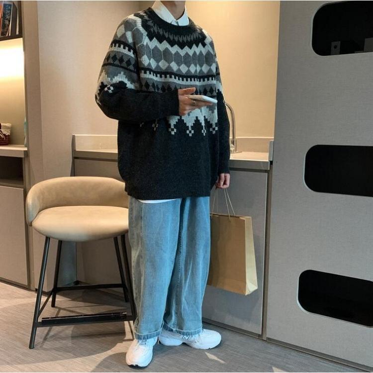 ニットセーター メンズ 長袖 クルーネックセーター ネイティブ柄 プルオーバー 防寒 オシャレカジュアルニットトップス 秋冬 カットソー 