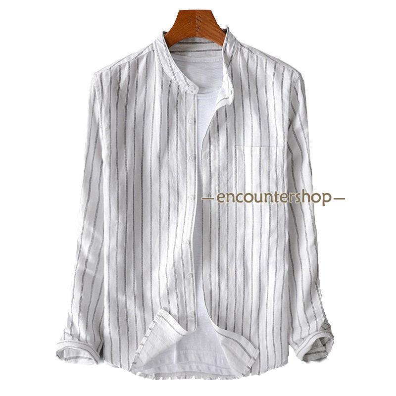 シャツ メンズ 長袖シャツ カジュアル ボーダー柄 トップス 紳士 ボタンシャツ ビジネス おしゃれ 大きいサイズ リネン風 新作 開襟シャツ 秋 春 