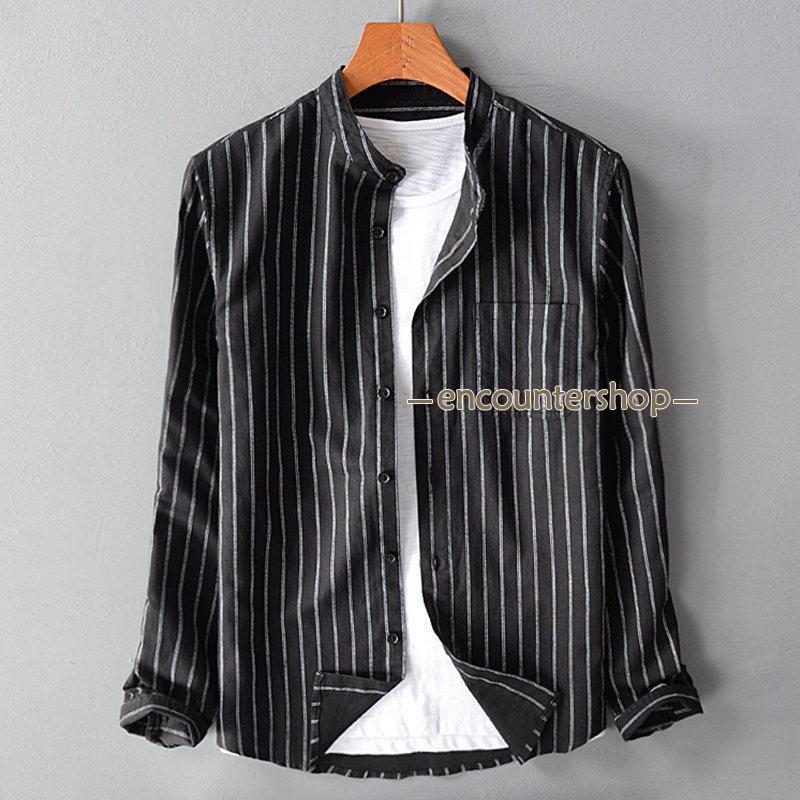 シャツ メンズ 長袖シャツ カジュアル ボーダー柄 トップス 紳士 ボタンシャツ ビジネス おしゃれ 大きいサイズ リネン風 新作 開襟シャツ 秋 春 