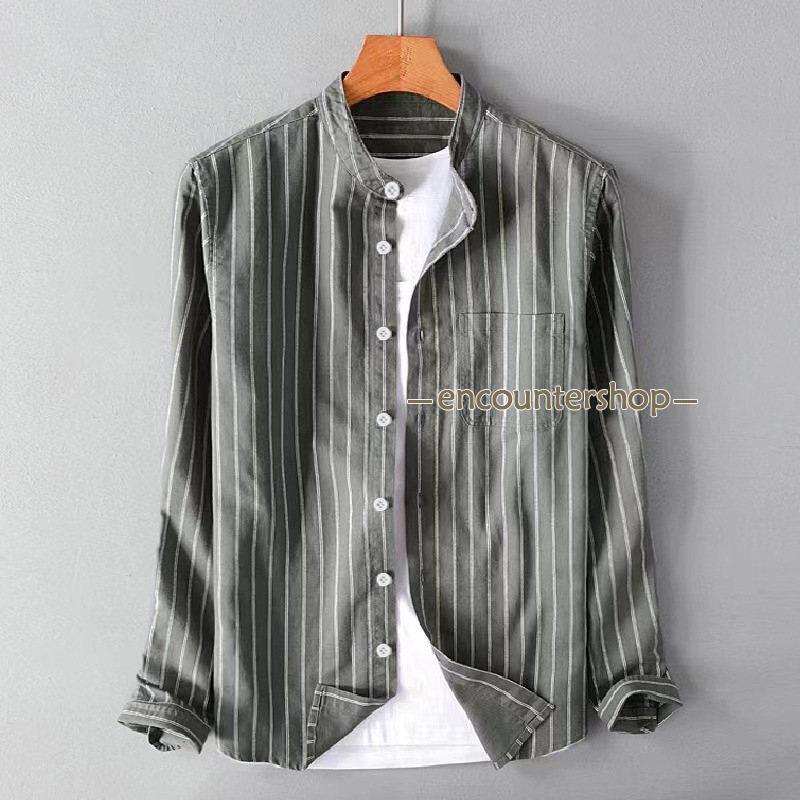 シャツ メンズ 長袖シャツ カジュアル ボーダー柄 トップス 紳士 ボタンシャツ ビジネス おしゃれ 大きいサイズ リネン風 新作 開襟シャツ 秋 春 