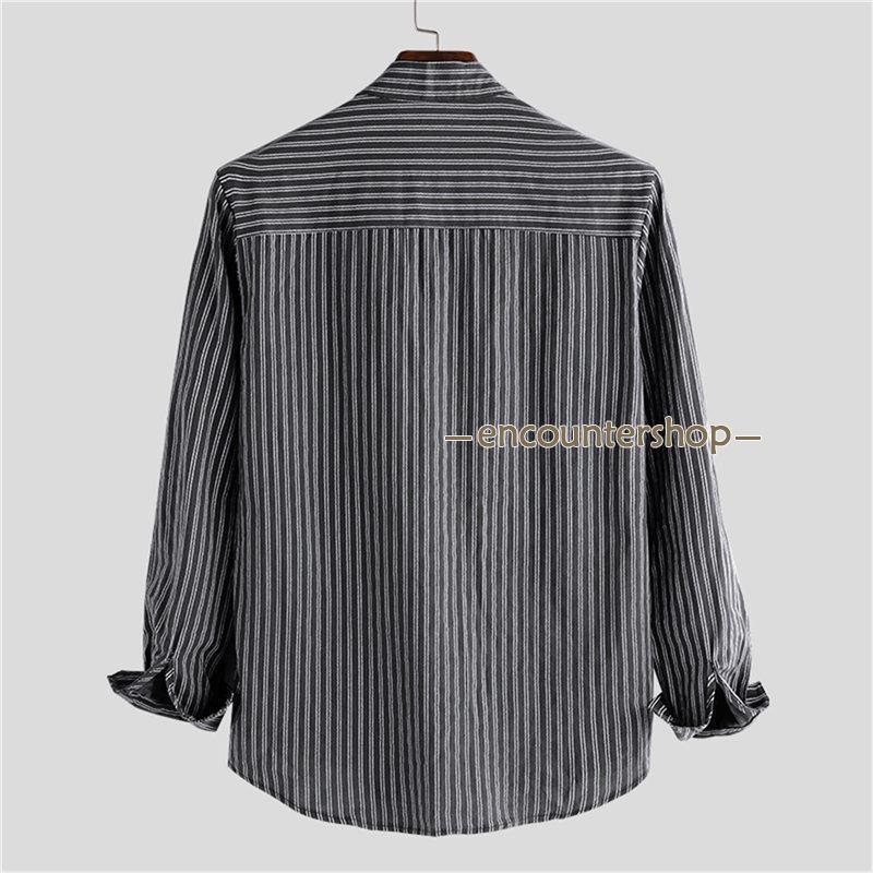 シャツ メンズ 長袖シャツ カジュアル ボーダー柄 トップス 紳士 ボタンシャツ ビジネス おしゃれ 大きいサイズ リネン風 新作 開襟シャツ 秋 春 