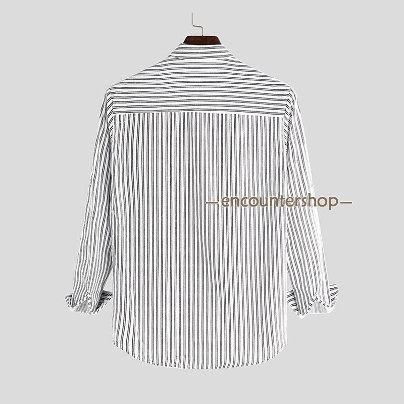 シャツ メンズ 長袖シャツ カジュアル ボーダー柄 トップス 紳士 ボタンシャツ ビジネス おしゃれ 大きいサイズ リネン風 新作 開襟シャツ 秋 春 