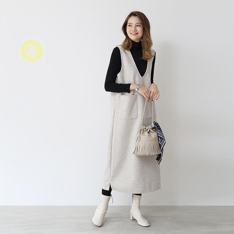 ジャンパースカート ノースリーブワンピース Iライン ジャンスカ ｖネック マタニティ 春秋冬 体型カバー レディース ストレートシルエット 