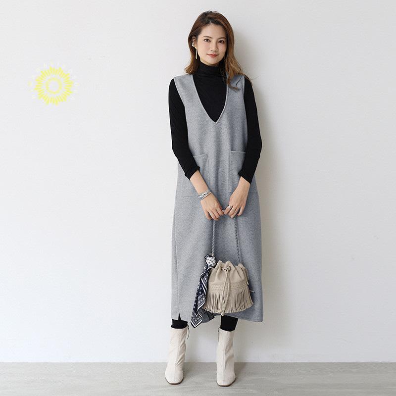 ジャンパースカート ノースリーブワンピース Iライン ジャンスカ ｖネック マタニティ 春秋冬 体型カバー レディース ストレートシルエット 