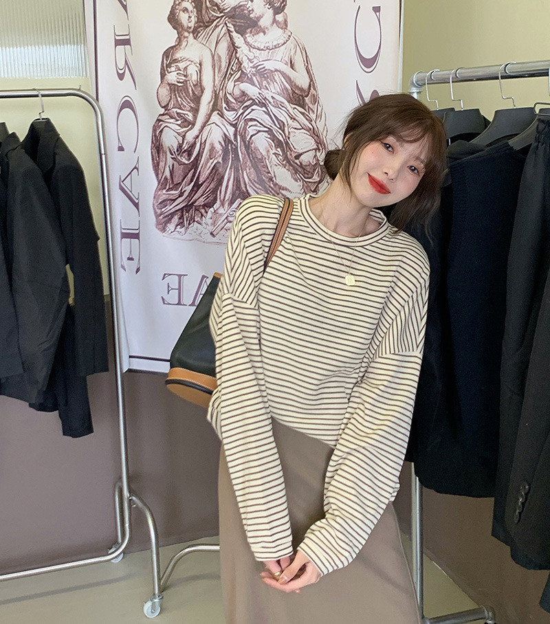 Tシャツ 長袖 レディース カットソー ロンT ボーダー 大きいサイズ オーバーサイズ 秋 ゆったり 韓国 ドロップショルダー トップス カジュアル 