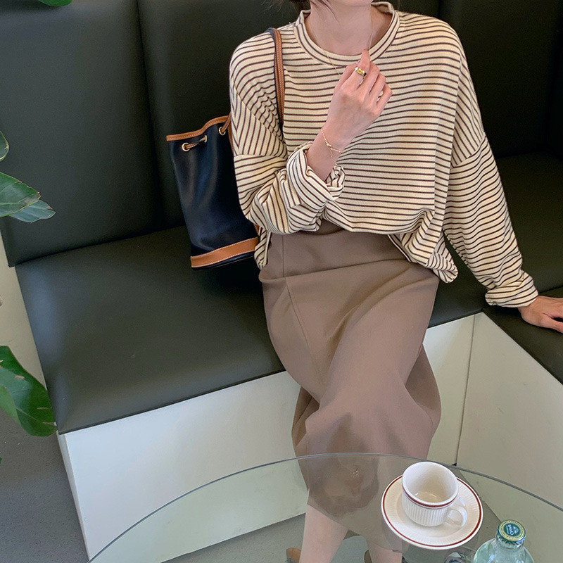 Tシャツ 長袖 レディース カットソー ロンT ボーダー 大きいサイズ オーバーサイズ 秋 ゆったり 韓国 ドロップショルダー トップス カジュアル 