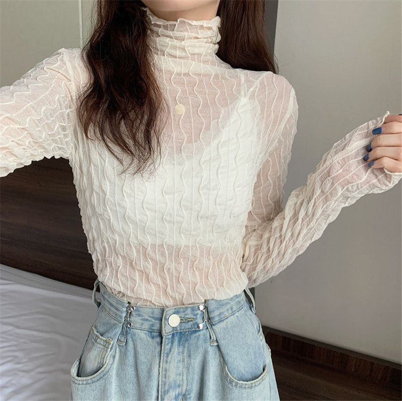 Tシャツ レディース 長袖 カットソー シースルー ハイネック 通勤 無地 きれいめ 日常 冬 細身 秋 女性用 インナー シアートップス 普段着 
