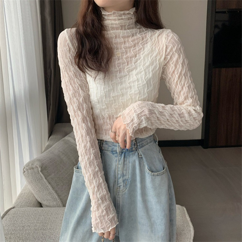 Tシャツ レディース 長袖 カットソー シースルー ハイネック 通勤 無地 きれいめ 日常 冬 細身 秋 女性用 インナー シアートップス 普段着 