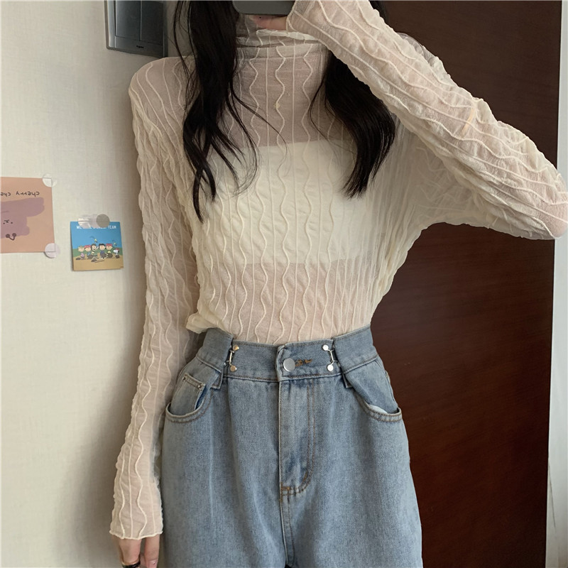 Tシャツ レディース 長袖 カットソー シースルー ハイネック 通勤 無地 きれいめ 日常 冬 細身 秋 女性用 インナー シアートップス 普段着 