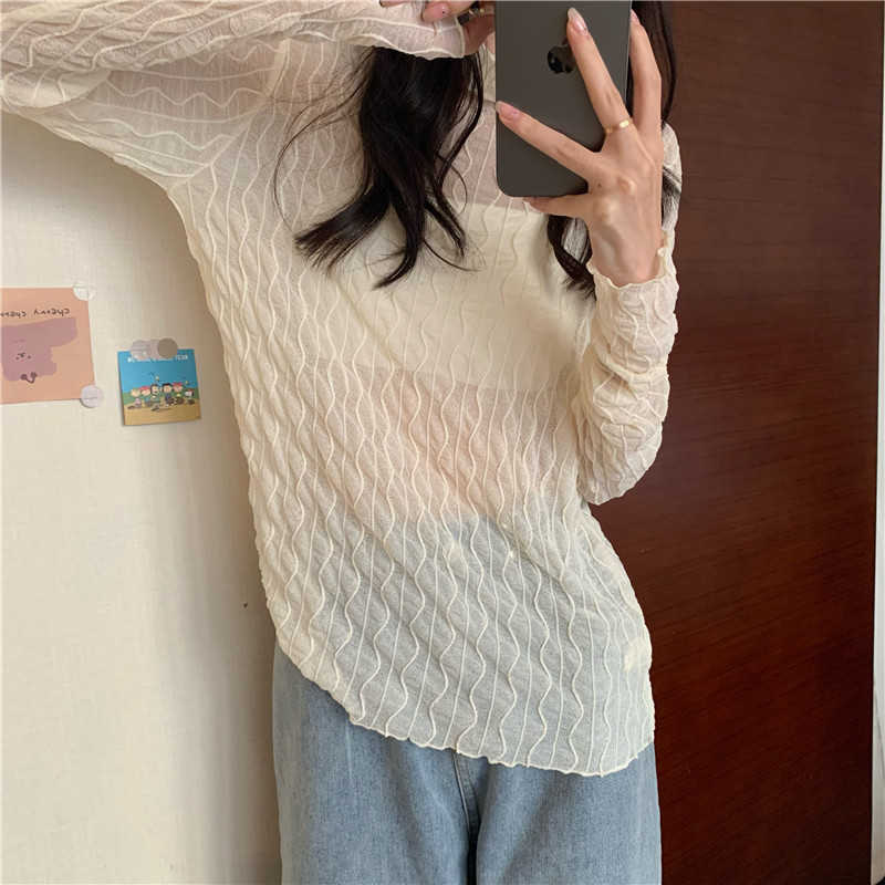 Tシャツ レディース 長袖 カットソー シースルー ハイネック 通勤 無地 きれいめ 日常 冬 細身 秋 女性用 インナー シアートップス 普段着 