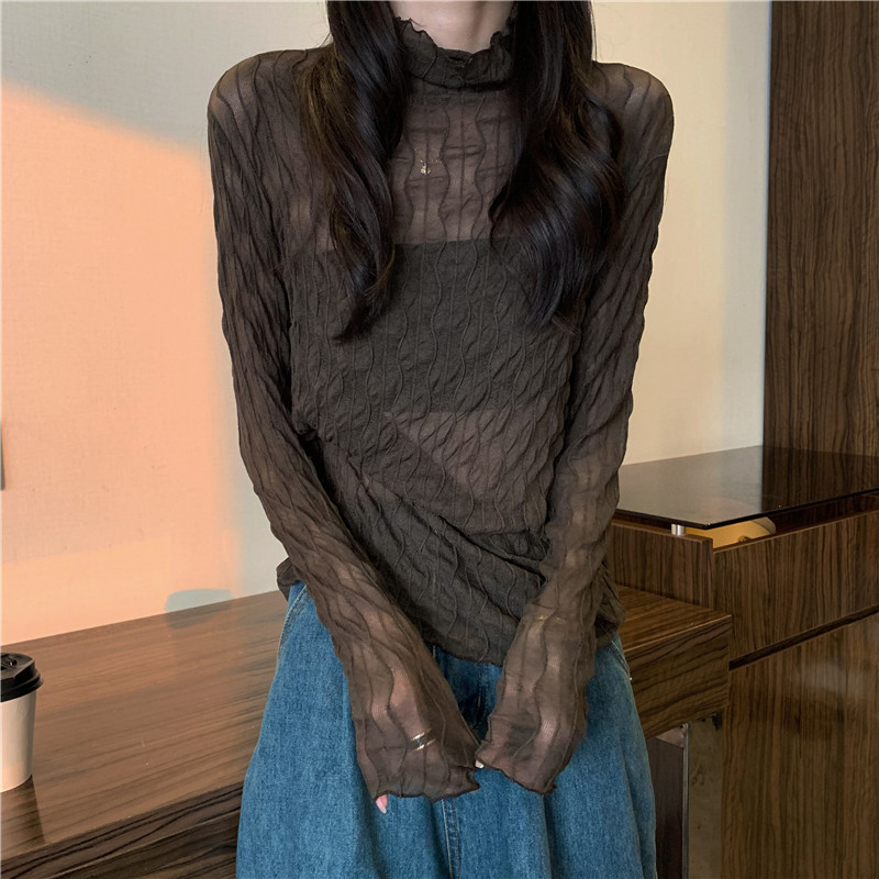 Tシャツ レディース 長袖 カットソー シースルー ハイネック 通勤 無地 きれいめ 日常 冬 細身 秋 女性用 インナー シアートップス 普段着 
