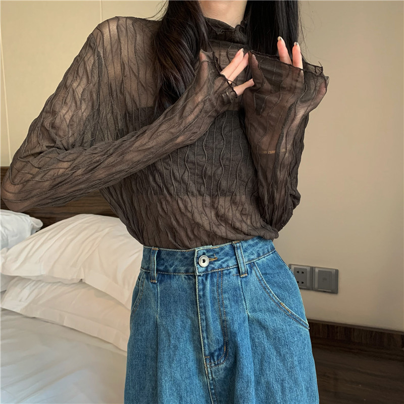 Tシャツ レディース 長袖 カットソー シースルー ハイネック 通勤 無地 きれいめ 日常 冬 細身 秋 女性用 インナー シアートップス 普段着 