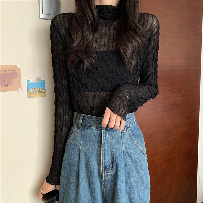 Tシャツ レディース 長袖 カットソー シースルー ハイネック 通勤 無地 きれいめ 日常 冬 細身 秋 女性用 インナー シアートップス 普段着 