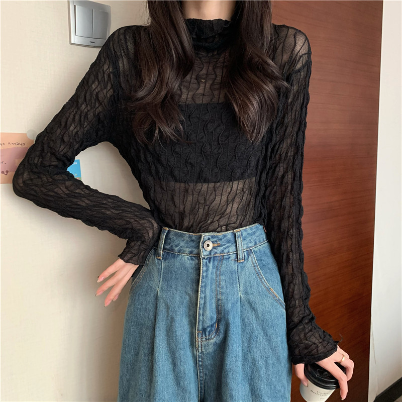 Tシャツ レディース 長袖 カットソー シースルー ハイネック 通勤 無地 きれいめ 日常 冬 細身 秋 女性用 インナー シアートップス 普段着 