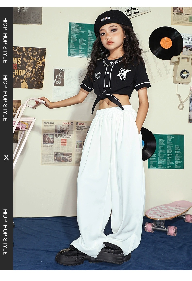 ヒップホップ 衣装 キッズダンス衣装 セットアップ 韓国 子供ダンス服 HIPHOP 黒 キッズ 白 赤 ガールズ 派手 パンツ K-POP ベースボールシャツ ダンス衣装 