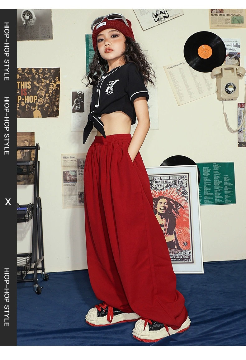 ヒップホップ 衣装 キッズダンス衣装 セットアップ 韓国 子供ダンス服 HIPHOP 黒 キッズ 白 赤 ガールズ 派手 パンツ K-POP ベースボールシャツ ダンス衣装 