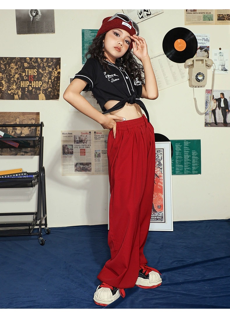 ヒップホップ 衣装 キッズダンス衣装 セットアップ 韓国 子供ダンス服 HIPHOP 黒 キッズ 白 赤 ガールズ 派手 パンツ K-POP ベースボールシャツ ダンス衣装 