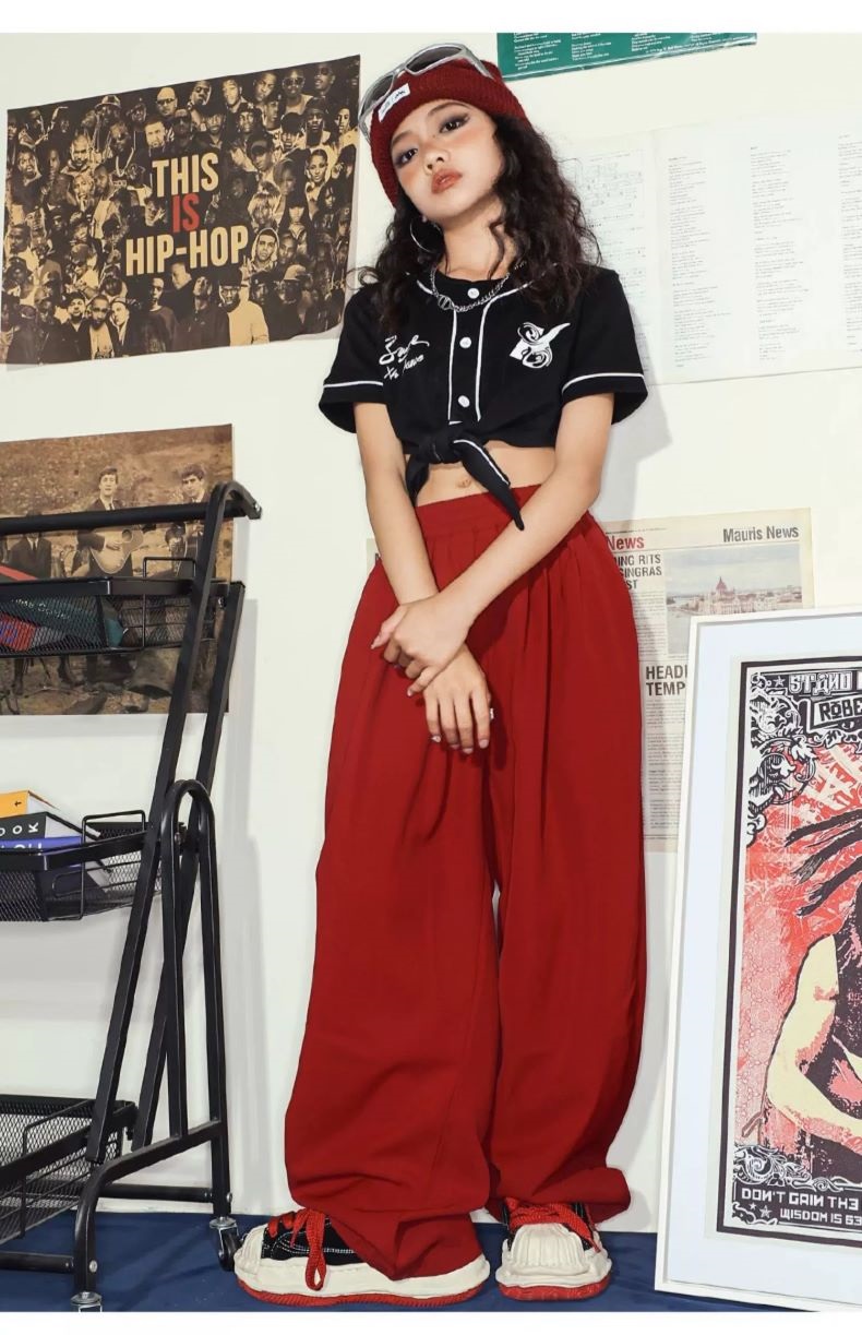 ヒップホップ 衣装 キッズダンス衣装 セットアップ 韓国 子供ダンス服 HIPHOP 黒 キッズ 白 赤 ガールズ 派手 パンツ K-POP ベースボールシャツ ダンス衣装 