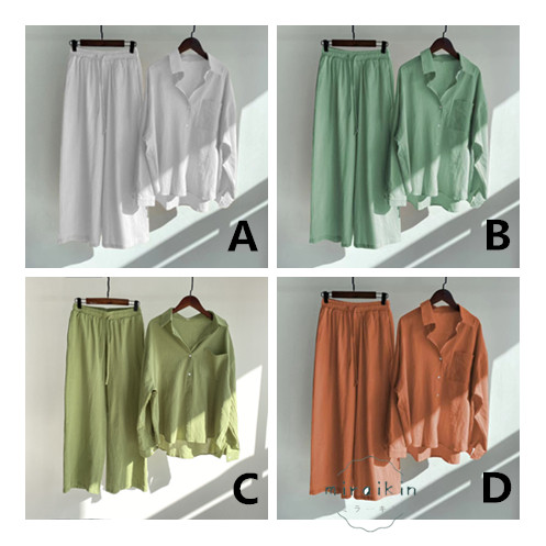 リネンシャツ レディース 長袖 リネンパンツ ワイドパンツ ゆったりトップス ボ前開き 無地 綿麻風 セットアップ 春秋 ボタン 夏秋物 ウエストゴム 