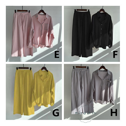 リネンシャツ レディース 長袖 リネンパンツ ワイドパンツ ゆったりトップス ボ前開き 無地 綿麻風 セットアップ 春秋 ボタン 夏秋物 ウエストゴム 