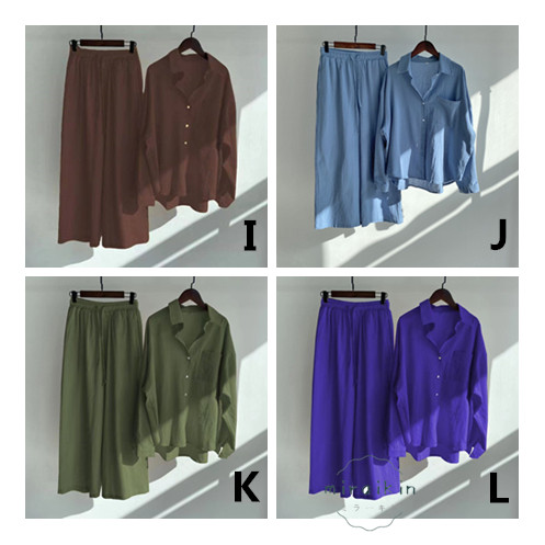 リネンシャツ レディース 長袖 リネンパンツ ワイドパンツ ゆったりトップス ボ前開き 無地 綿麻風 セットアップ 春秋 ボタン 夏秋物 ウエストゴム 