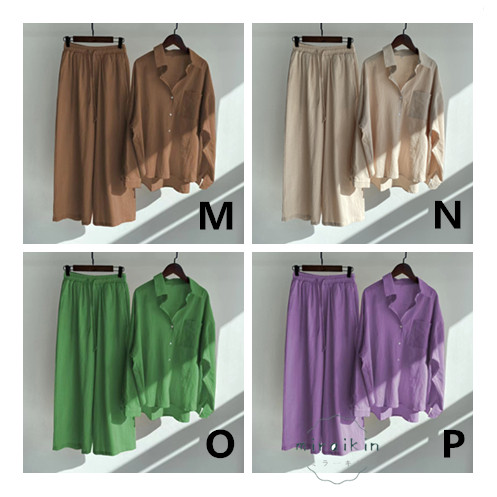 リネンシャツ レディース 長袖 リネンパンツ ワイドパンツ ゆったりトップス ボ前開き 無地 綿麻風 セットアップ 春秋 ボタン 夏秋物 ウエストゴム 