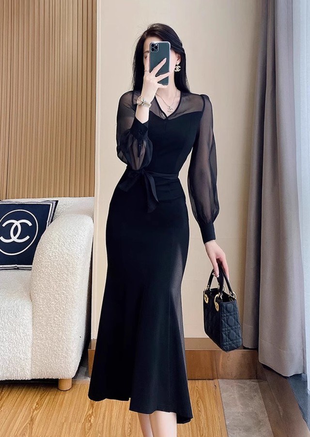 パーティードレス 結婚式 お呼ばれドレス マーメイドワンピース ワンピースドレス 膝丈 ドレス 袖あり 黒 20代 3L 長袖 30代 タイト シアー 大きいサイズ 40代 