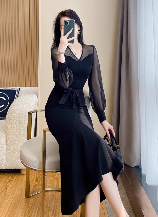 パーティードレス 結婚式 お呼ばれドレス マーメイドワンピース ワンピースドレス 膝丈 ドレス 袖あり 黒 20代 3L 長袖 30代 タイト シアー 大きいサイズ 40代 
