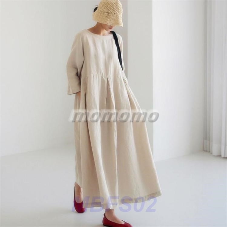 ワンピース ロングワンピース コットンリネン 綿麻 長袖 大きいサイズ マキシ丈 おしゃれ ゆったり 体型カバー 大人 夏 春 無地 カジュアル 