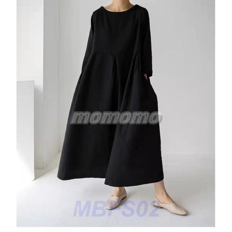 ワンピース ロングワンピース コットンリネン 綿麻 長袖 大きいサイズ マキシ丈 おしゃれ ゆったり 体型カバー 大人 夏 春 無地 カジュアル 