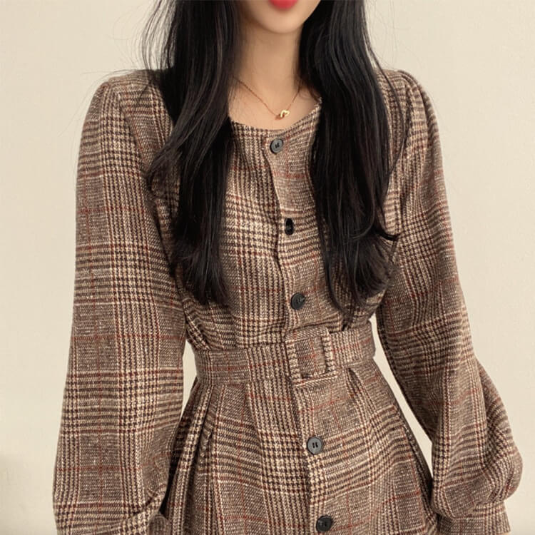 ワンピース レディース ミニ 長袖 韓国 チェック柄 ショート丈 レトロ グレンチェック シック ウエストマーク パフスリーブ ミニワンピース 