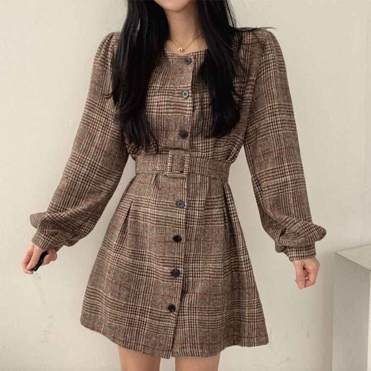 ワンピース レディース ミニ 長袖 韓国 チェック柄 ショート丈 レトロ グレンチェック シック ウエストマーク パフスリーブ ミニワンピース 