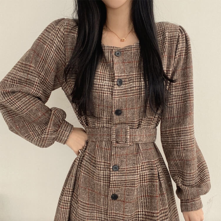 ワンピース レディース ミニ 長袖 韓国 チェック柄 ショート丈 レトロ グレンチェック シック ウエストマーク パフスリーブ ミニワンピース 