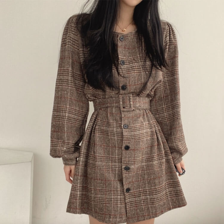 ワンピース レディース ミニ 長袖 韓国 チェック柄 ショート丈 レトロ グレンチェック シック ウエストマーク パフスリーブ ミニワンピース 