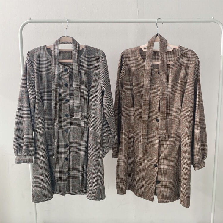 ワンピース レディース ミニ 長袖 韓国 チェック柄 ショート丈 レトロ グレンチェック シック ウエストマーク パフスリーブ ミニワンピース 