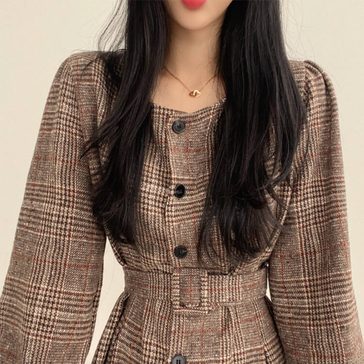 ワンピース レディース ミニ 長袖 韓国 チェック柄 ショート丈 レトロ グレンチェック シック ウエストマーク パフスリーブ ミニワンピース 