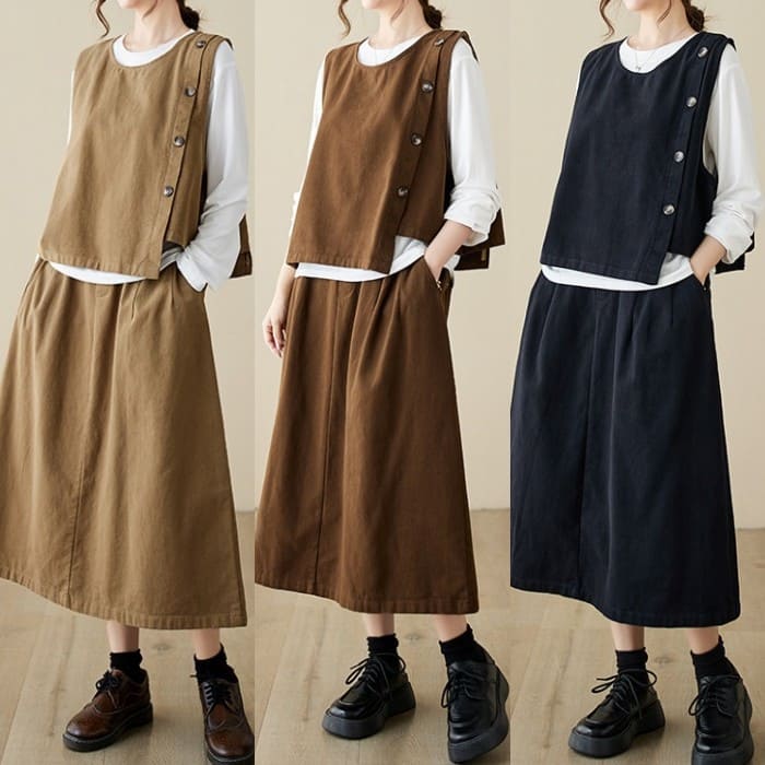 セットアップ レディース サイドボタン ベスト スカート 2点セット 女子会 60代 きれいめ 40代 お出かけ 30代 旅行 50代 春秋 カジュアル 