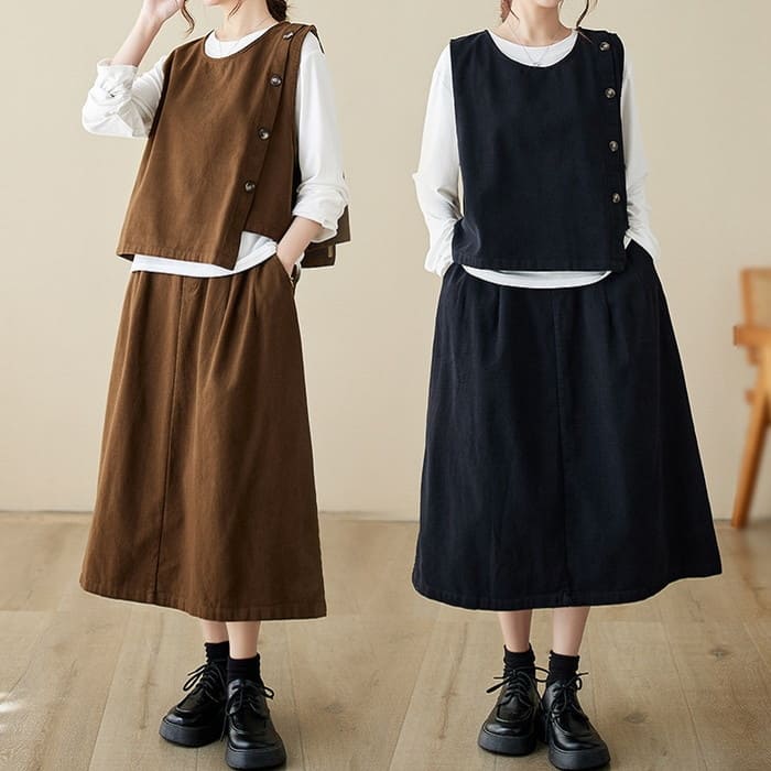 セットアップ レディース サイドボタン ベスト スカート 2点セット 女子会 60代 きれいめ 40代 お出かけ 30代 旅行 50代 春秋 カジュアル 