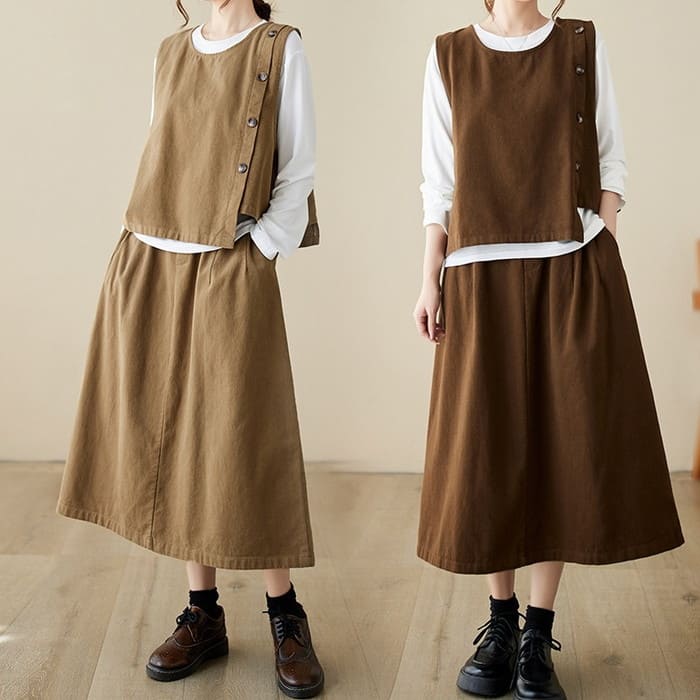 セットアップ レディース サイドボタン ベスト スカート 2点セット 女子会 60代 きれいめ 40代 お出かけ 30代 旅行 50代 春秋 カジュアル 